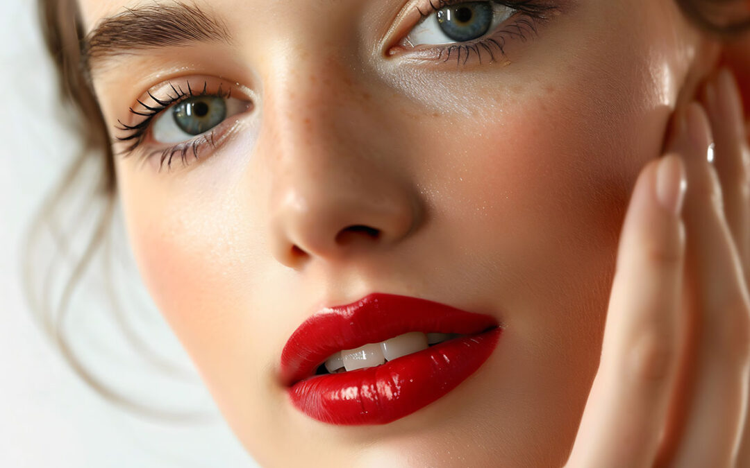 Model girl with bright eyebrows perfect makeup red lips touching her face